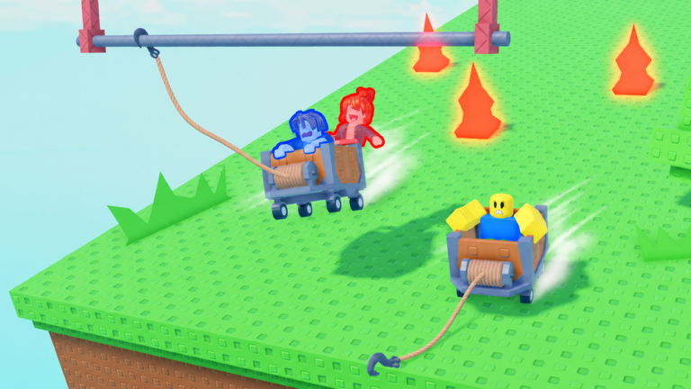 Official art: two avatars riding one shared cart past flame spikes