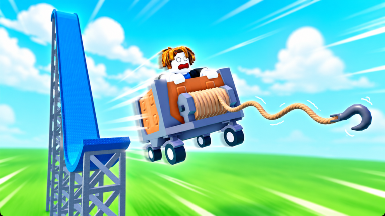Official art: the cart launches off a blue water-slide ramp with the grapple rope trailing behind